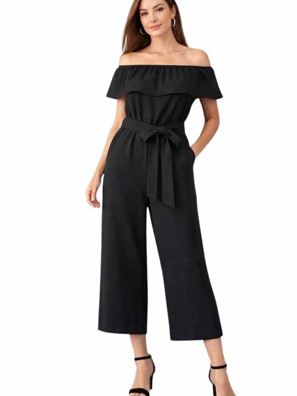 Ann Taylor Crepe Black Off-Shoulder Wide-Leg Jumpsuit with Self-Tie Belt